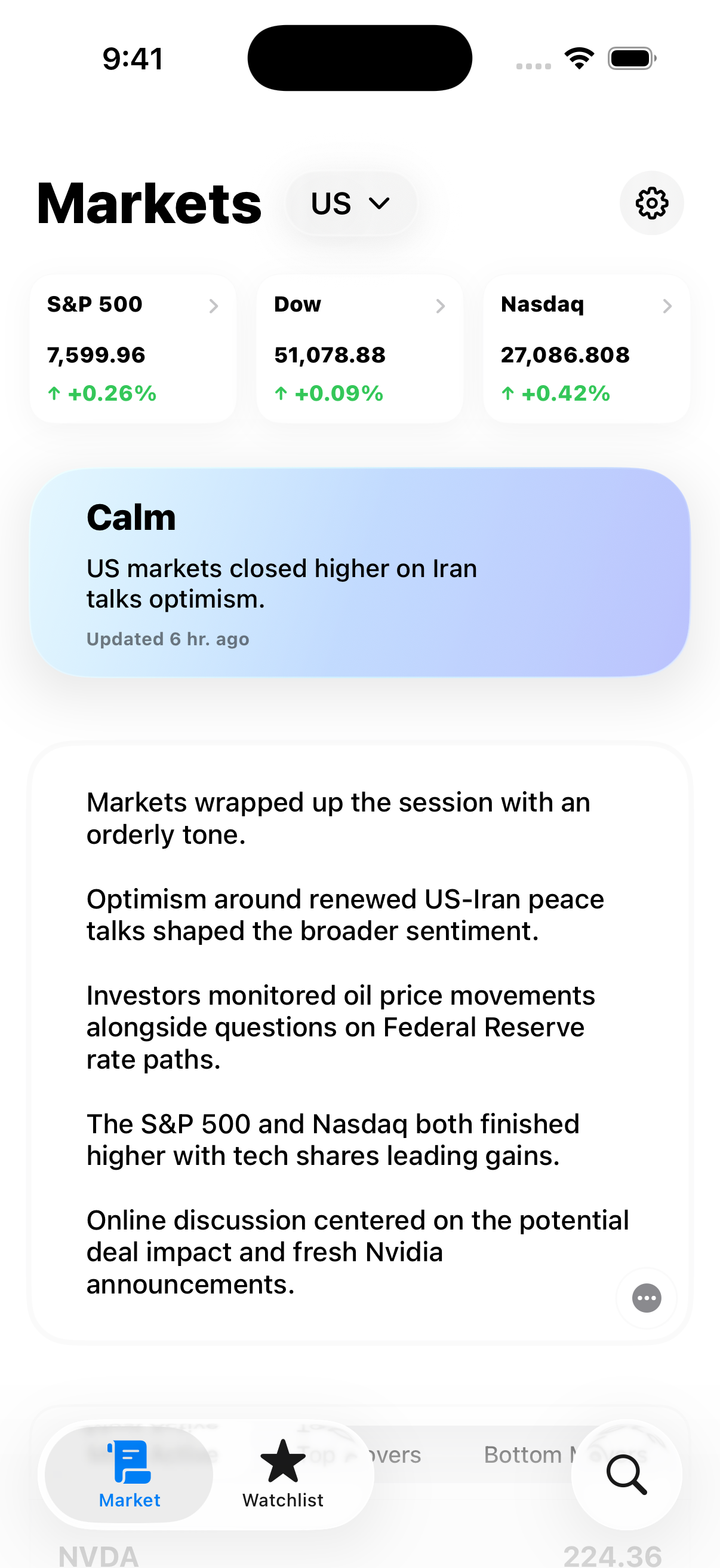 Screenshot of the Vibe Markets iPhone app showing the Markets dashboard.